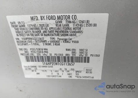 2012 Ford Taurus Sel from USA, damaged, VIN 1FAHP2EW1CG113657